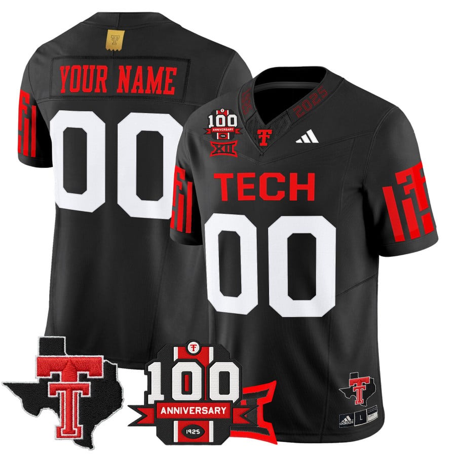 Men's Texas Tech Red Raiders Custom Black 2025 With 100th Anniversary & Texas Patch Vapor F.U.S.E. Limited Stitched Football Jersey