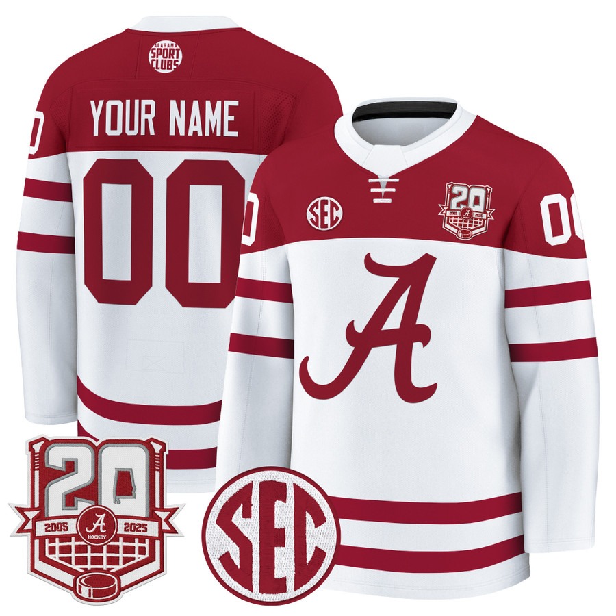 Men's Alabama Crimson Tide Custom White 20th Anniversary Patch 2025-26 Premium Stitched Hockey Jersey