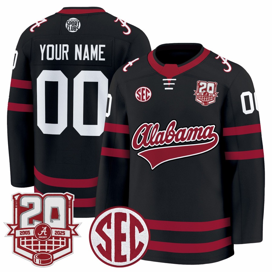 Men's Alabama Crimson Tide Custom Black 20th Anniversary Patch 2025-26 Premium Stitched Hockey Jersey