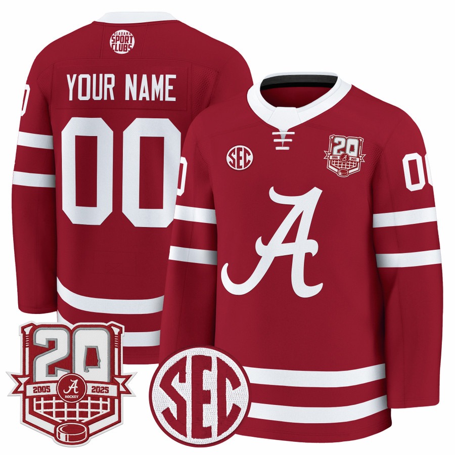 Men's Alabama Crimson Tide Custom Crimson 20th Anniversary Patch 2025-26 Premium Stitched Hockey Jersey