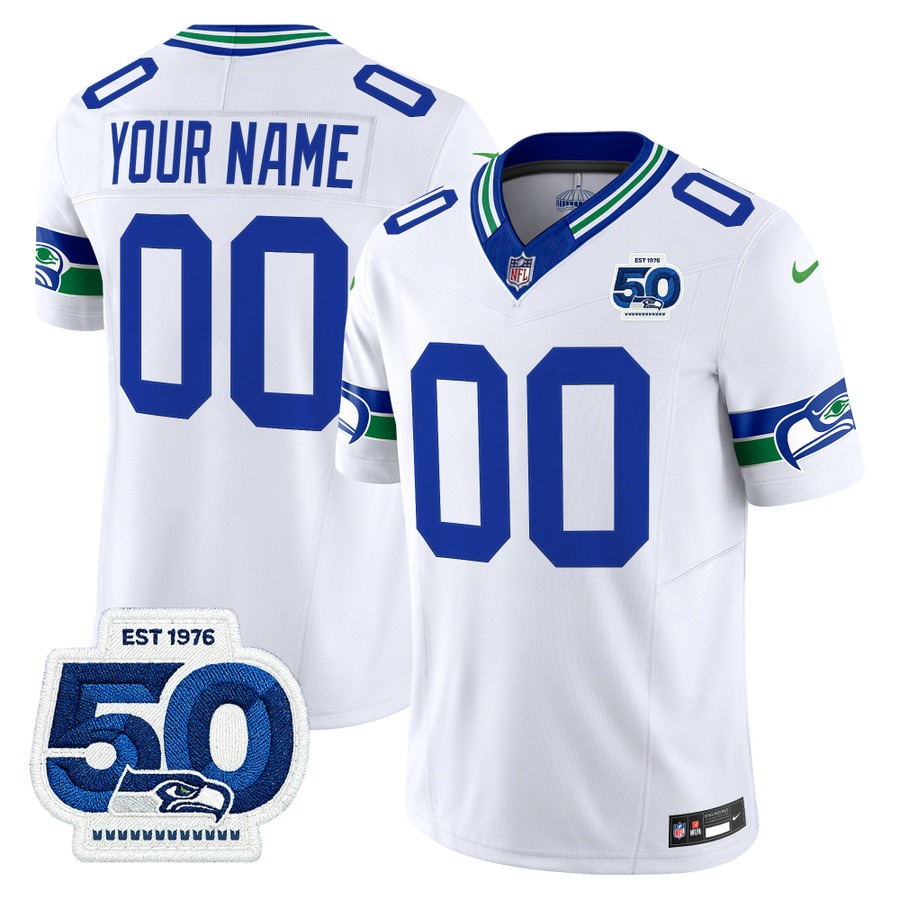 Men's Seattle Seahawks Custom White Throwback 50th Anniversary Patch Vapor F.U.S.E. Limited Stitched Jersey
