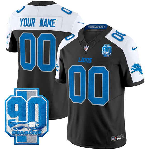 Men's Detroit Lions Active Player Custom Black White 2025 F.U.S.E. 90th Year Patch Limited Stitched Football Jersey