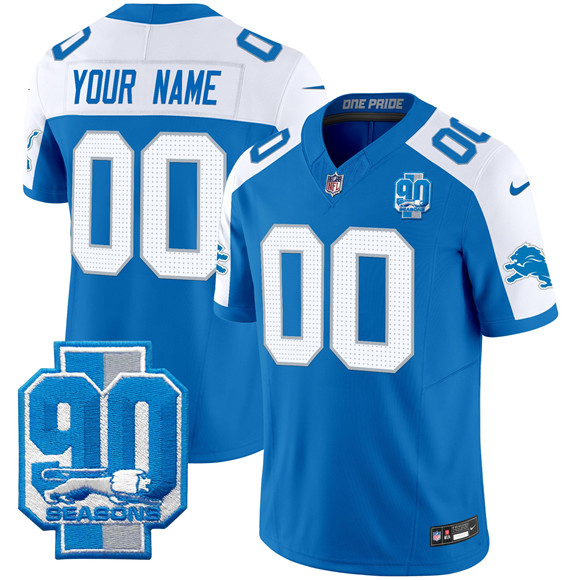 Men's Detroit Lions Active Player Custom Blue White 2025 F.U.S.E. 90th Year Patch Limited Stitched Football Jersey