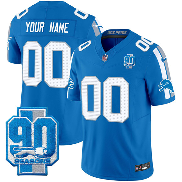 Men's Detroit Lions Active Player Custom Blue 2025 F.U.S.E. 90th Year Patch Limited Stitched Football Jersey