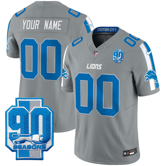 Men's Detroit Lions Active Player Custom Gray 2025 F.U.S.E. 90th Year Patch Limited Stitched Football Jersey