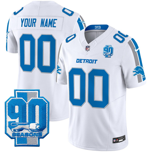 Men's Detroit Lions Active Player Custom White 2025 F.U.S.E. 90th Year Patch Limited Stitched Football Jersey