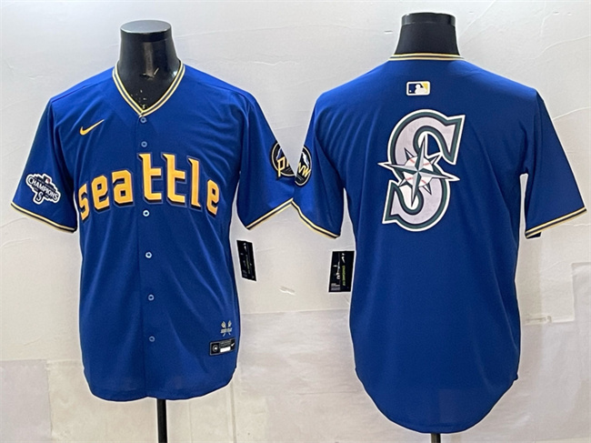 Men's Seattle Mariners Team Big Logo Royal With 2025 AL West Division Champions Patch City Connect Limited Stitched Baseball Jersey