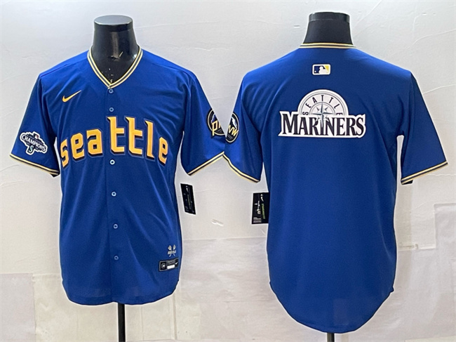 Men's Seattle Mariners Team Big Logo Royal With 2025 AL West Division Champions Patch City Connect Limited Stitched Baseball Jerseys