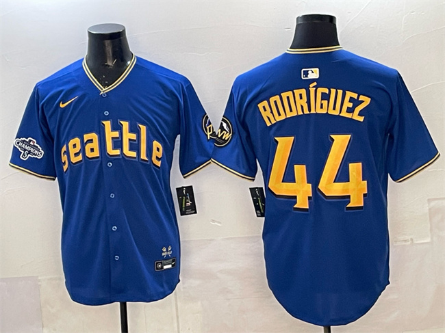 Men's Seattle Mariners #44 Julio Rodriguez Royal With 2025 AL West Division Champions Patch City Connect Limited Stitched Baseball Jersey