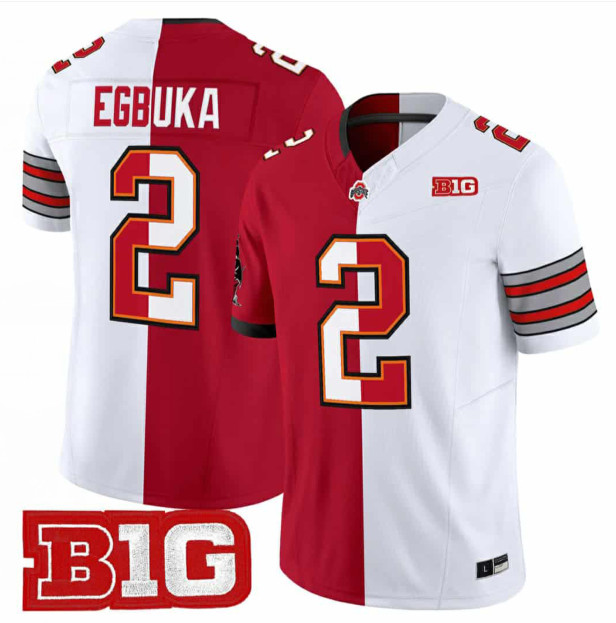 Men's TB Buccaneers Ohio State Buckeyes #2 Emeka Egbuka Red White Split 2025 F.U.S.E. Vapor Limited Stitched Football Jersey