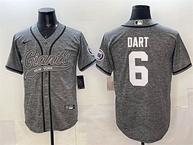 Men's New York Giants #6 Jaxson Dart Gray With Patch Cool Base Stitched Baseball Jersey Men's New York Giants #6 Jaxson Dart Gray With Patch Cool Base Stitched Baseball Jersey
