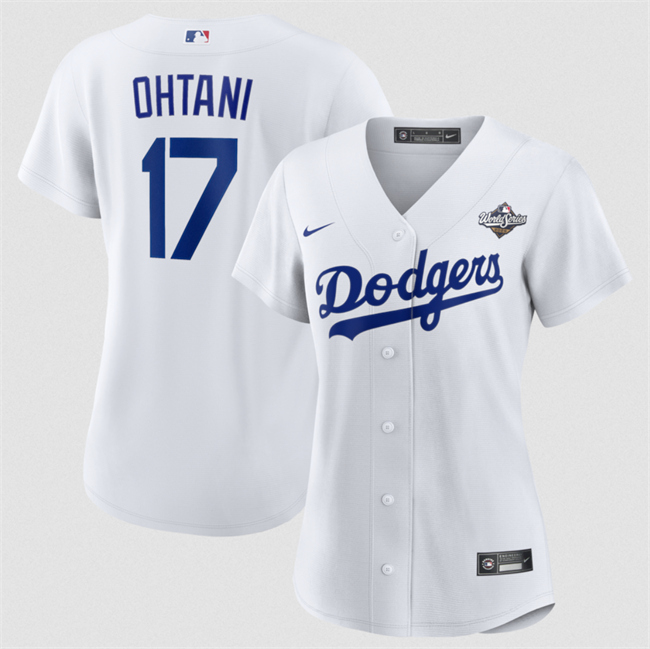 Women's Los Angeles Dodgers #17 Shohei Ohtani White 2025 World Series Home Cool Base Stitched Baseball Jersey(Run Small)