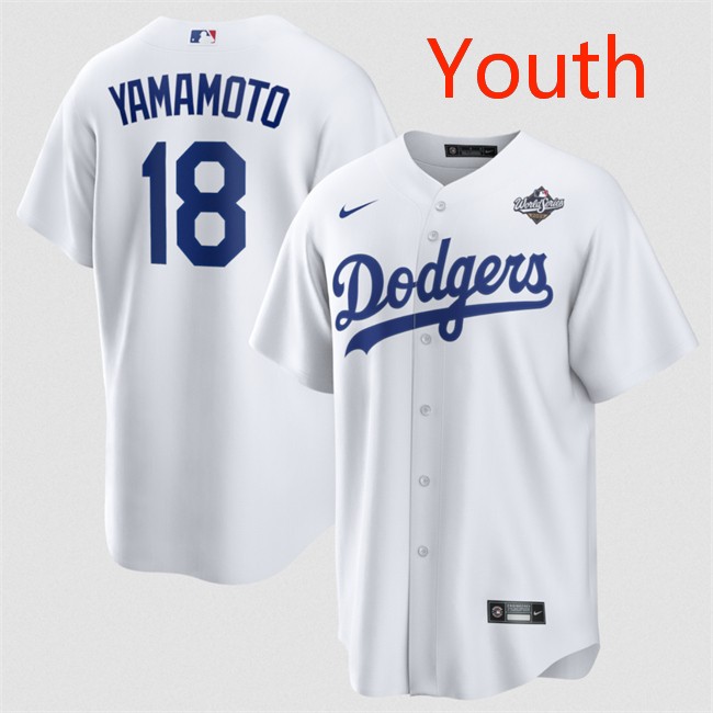 Youth Los Angeles Dodgers #18 Yoshinobu Yamamoto White 2025 World Series Home Cool Base Stitched Baseball Jersey
