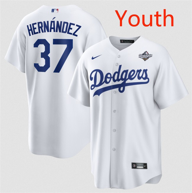 Youth Los Angeles Dodgers #37 Teoscar Hernández White 2025 World Series Home Cool Base Stitched Baseball Jersey