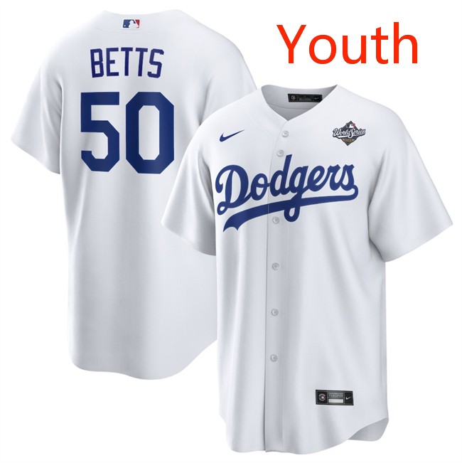 Youth Los Angeles Dodgers #50 Mookie Betts White 2025 World Series Home Cool Base Stitched Baseball Jersey