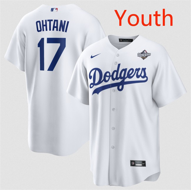 Youth Los Angeles Dodgers #17 Shohei Ohtani White 2025 World Series Home Cool Base Stitched Baseball Jersey