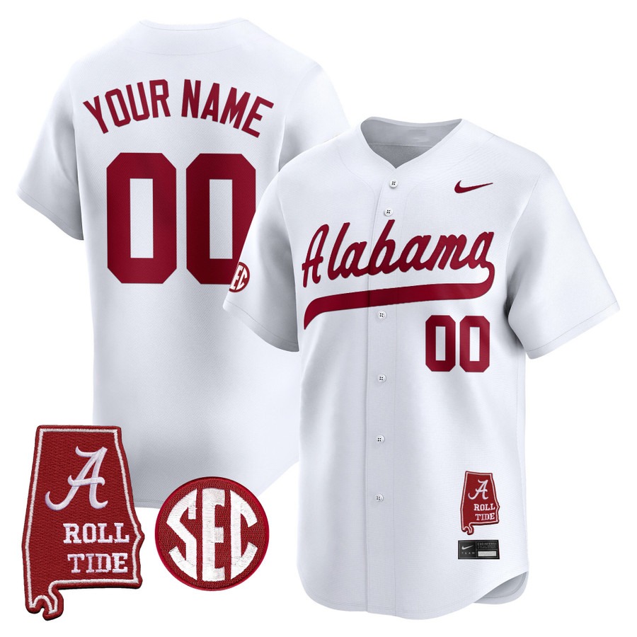 Men's Alabama Crimson Tide Baseball Custom White Alabama Map Patch 2025 Vapor Stitched Jersey