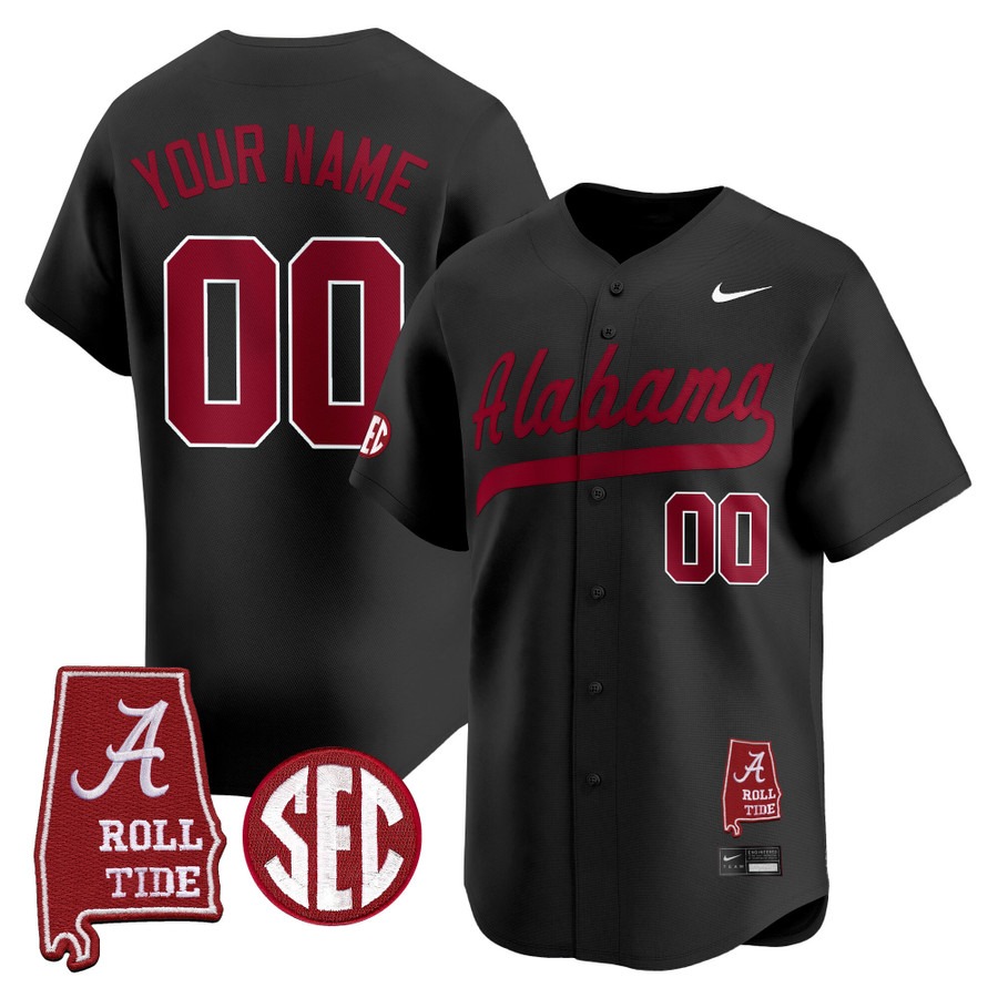 Men's Alabama Crimson Tide Baseball Custom Black Alabama Map Patch 2025 Vapor Stitched Jersey