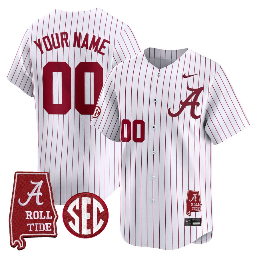Men's Alabama Crimson Tide Baseball Custom Pinstripe Alabama Map Patch 2025 Vapor Stitched Jersey
