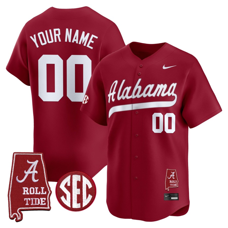 Men's Alabama Crimson Tide Baseball Custom Crimson Alabama Map Patch 2025 Vapor Stitched Jersey