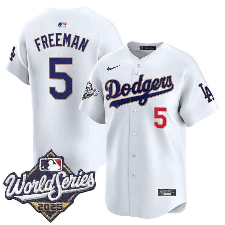 Men's Nike LA Dodgers #5 Freddie Freeman 2025 World Series Gold Trim Limited Stitched MLB Jersey White