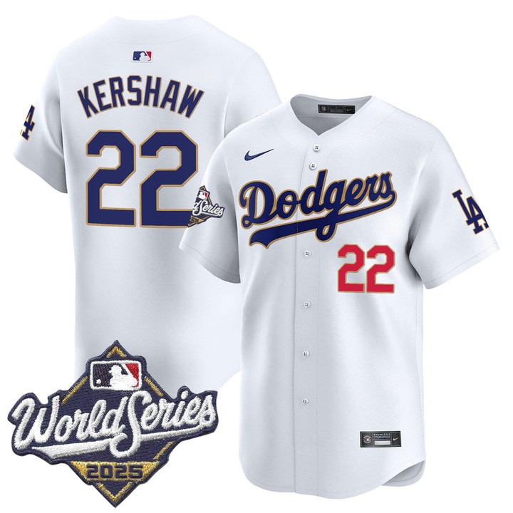 Men's Nike LA Dodgers #22 Clayton Kershaw 2025 World Series Gold Trim Limited Stitched MLB Jersey White
