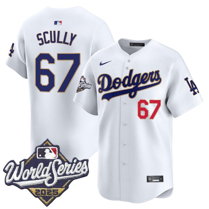 Men's Nike LA Dodgers #67 Vin Scully 2025 World Series Gold Trim Limited Stitched MLB Jersey White