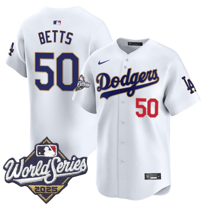 Men's Nike LA Dodgers #50 Mookie Betts 2025 World Series Gold Trim Limited Stitched MLB Jersey White