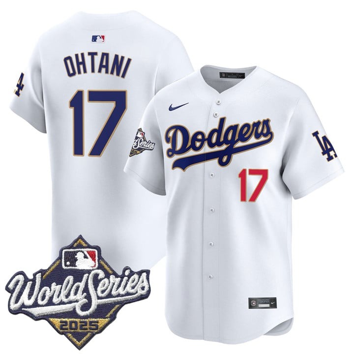 Men's Nike LA Dodgers #17 Shohei Ohtani 2025 World Series Gold Trim Limited Stitched MLB Jersey White