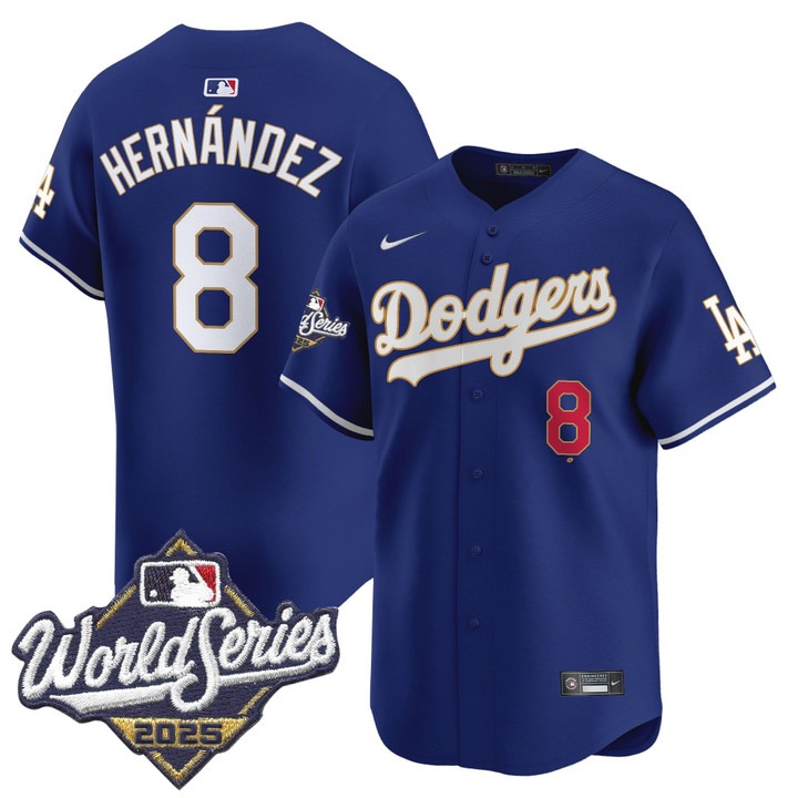 Men's Nike Dodgers #8 Kike Hernandez 2025 World Series Gold Trim Limited Stitched MLB Jersey Royal