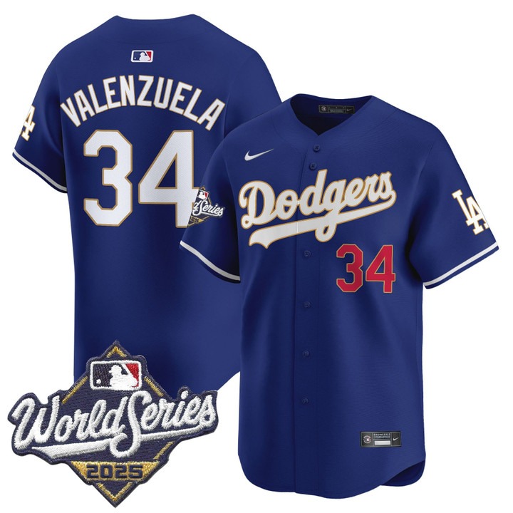 Men's Nike Dodgers #34 Fernando Valenzuela 2025 World Series Gold Trim Limited Stitched MLB Jersey Royal