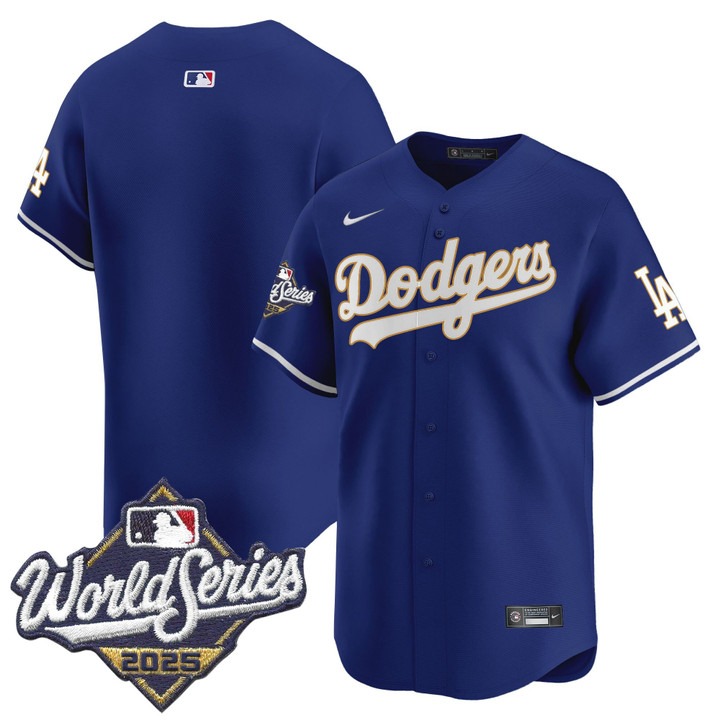 Men's Nike Dodgers Blank 2025 World Series Gold Trim Limited Stitched MLB Jersey Royal