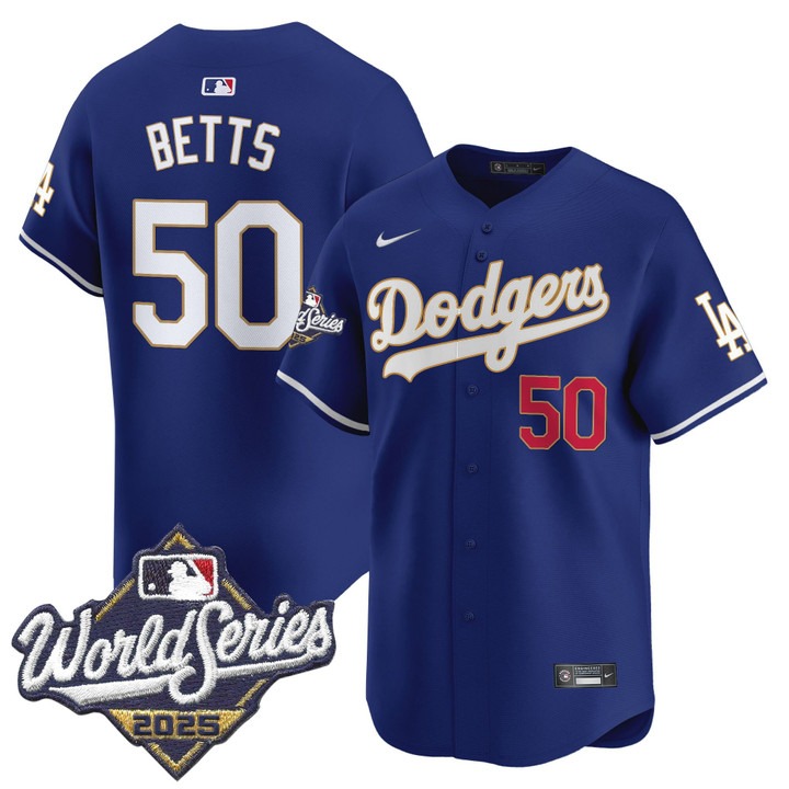 Men's Nike Dodgers #50 Mookie Betts 2025 World Series Gold Trim Limited Stitched MLB Jersey Royal