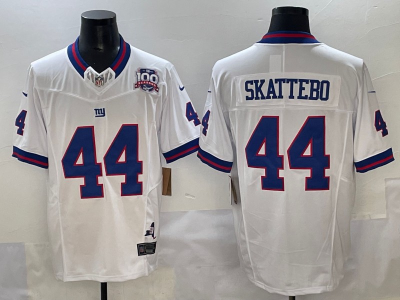 Men's New York Giants #44 Cam Skattebo 2025 Draft White 100th Season & State Patch Vapor F.U.S.E. Limited Stitched NFL Classic Jersey