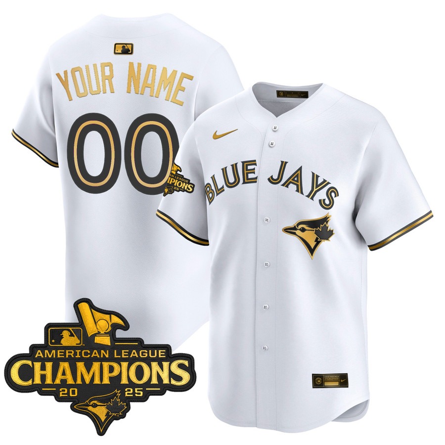 Men's Toronto Blue Jays Custom White Gold 2025 American League Champions  Limited Stitched Jersey