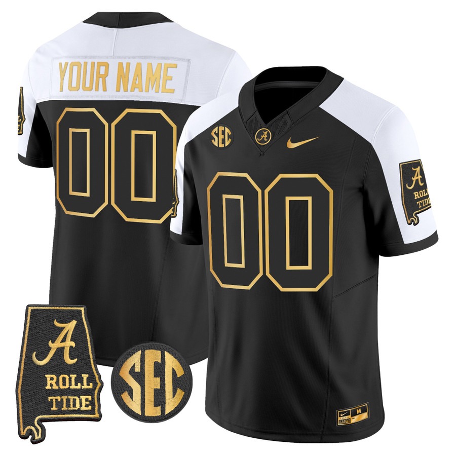 Men's Alabama Crimson Tide Custom 2025 Black Alternate Gold F.U.S.E. Vapor Limited Stitched Jersey - Alabama Map