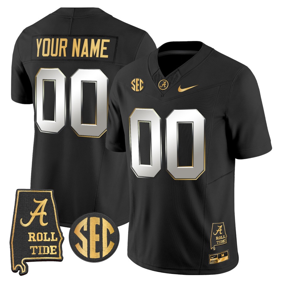 Men's Alabama Crimson Tide Custom 2025 Black Limited Gold F.U.S.E. Vapor Limited Stitched Jersey - Alabama Map