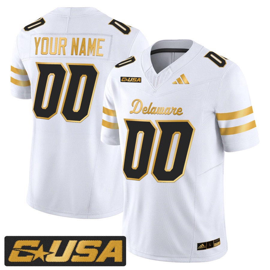 Men's Delaware Blue Hens Custom White Gold 2025 Vapor F.U.S.E. Limited Stitched Football Jersey