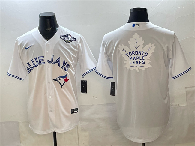 Men's Toronto Blue Jays & Leafs White 2025 World Series With White Maple Leafs Logo Cool Base Stitched Baseball Jersey