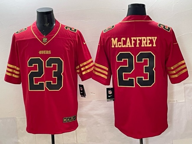 Men's San Francisco 49ers #23 Christian McCaffrey Red Gold Vapor Untouchable Limited Stitched Jersey