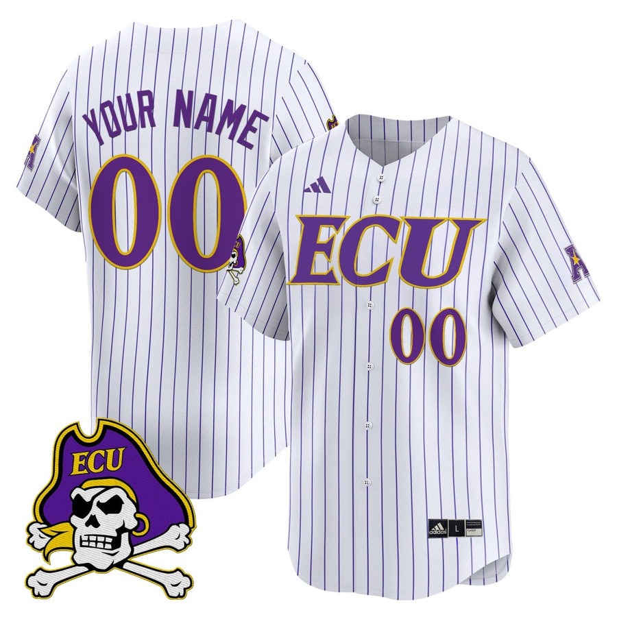 Men's East Carolina University Pirates Baseball Custom White Pinstripe Stitched Jersey
