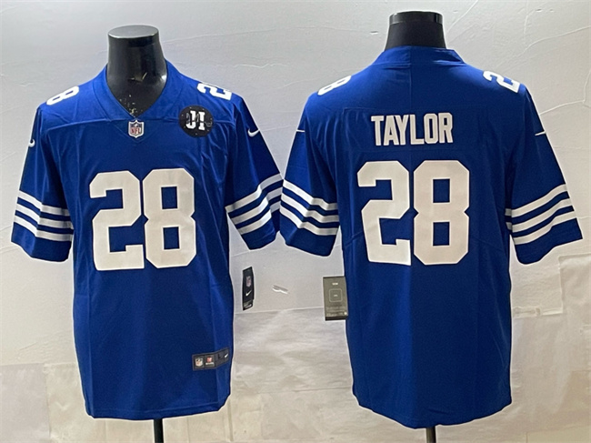 Men's Indianapolis Colts #28 Jonathan Taylor Blue Jim Irsay Patch Vapor Limited Stitched Football Jersey