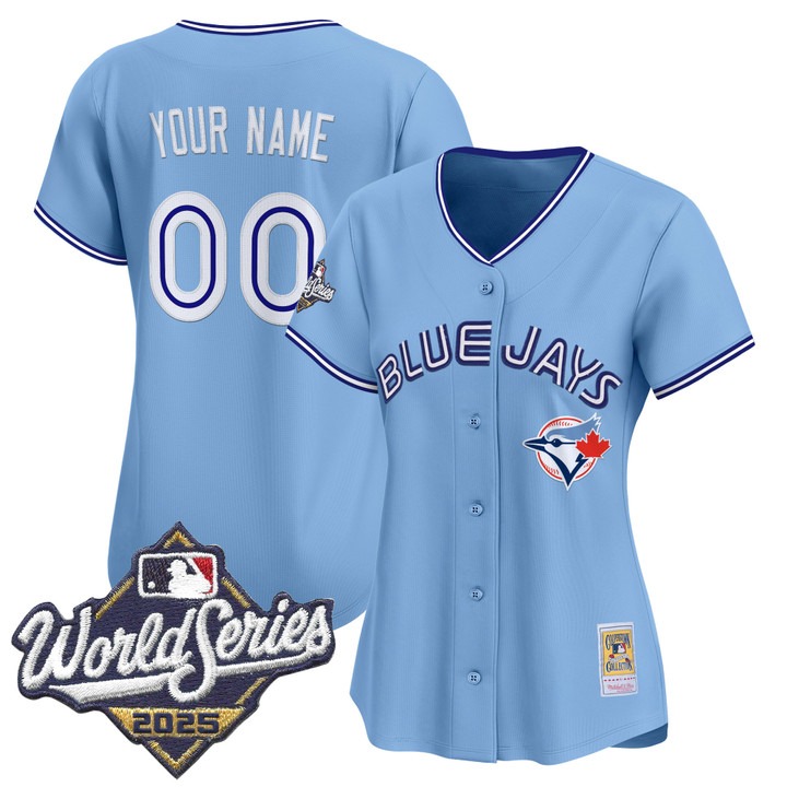 Women's Toronto Blue Jays Custom Throwback 2025 World Series Patch Limited Stitched Jersey Powder Blue