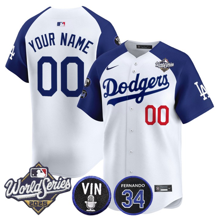 Men's Dodgers Custom White Alternate 2025 World Series Vapor Premier Limited Stitched Jersey - Vin Scully & Fernando Patch