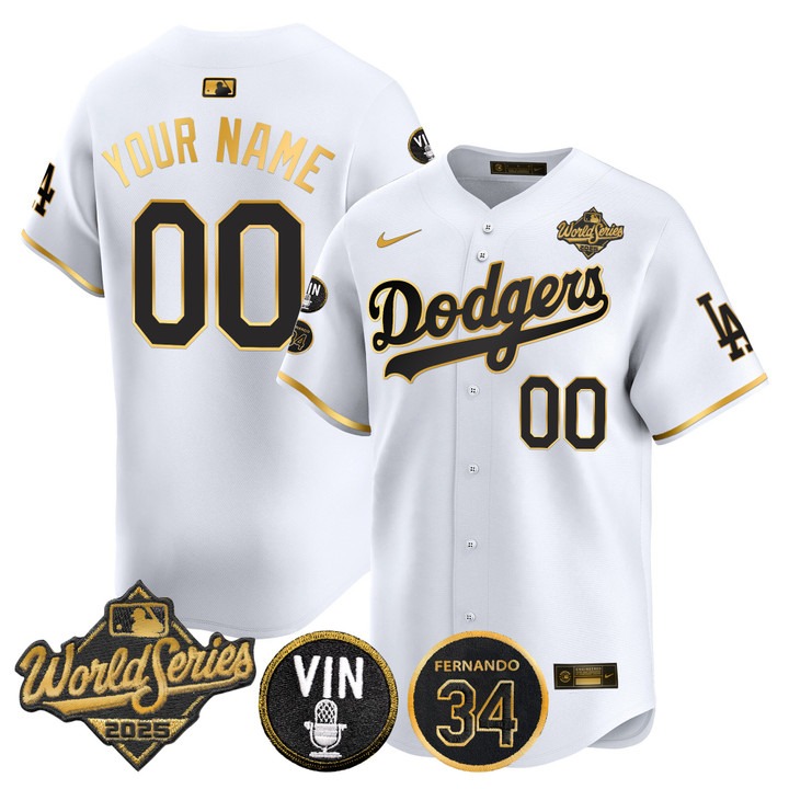 Men's Dodgers Custom White Gold 2025 World Series Vapor Premier Limited Stitched Jersey - Vin Scully & Fernando Patch