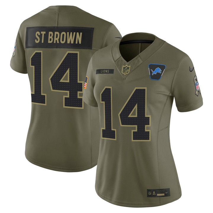 Women's Detroit Lions #14 Amon-Ra St. Brown Olive F.U.S.E. 2025 Salute to Service Vapor Limited Stitched Jersey Women's Detroit Lions #14 Amon-Ra St. Brown Olive F.U.S.E. 2025 Salute to Service Vapor Limited Stitched Jersey