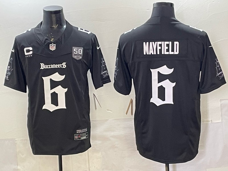 Men's Tampa Bay Buccaneers #6 Baker Mayfield Black F.U.S.E. 50th Season & 4-Star C Patch 'Gothic Pirate Shadows Edition' Limited Stitched Football Jersey