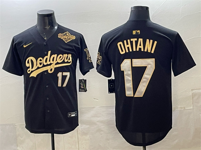 Men's Los Angeles Dodgers #17 Shohei Ohtani Black Gold 2025 World Series Patch Limited Stitched Baseball Jersey