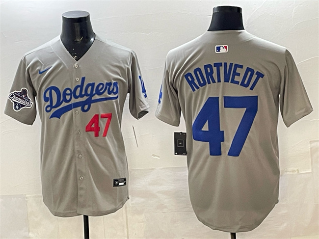Men's Los Angeles Dodgers #47 Ben Rortvedt Grey 2025 World Series Champions Patch Limited Stitched Baseball Jersey
