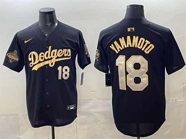 Men's Los Angeles Dodgers #18 Yoshinobu Yamamoto Black Gold 2025 World Series Champions Patch Limited Stitched Baseball Jersey
